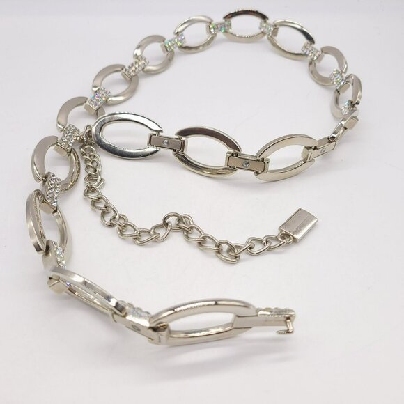 Women\'s Silver Chain Belt Crystal Rhinestone Oval Links Adjustable